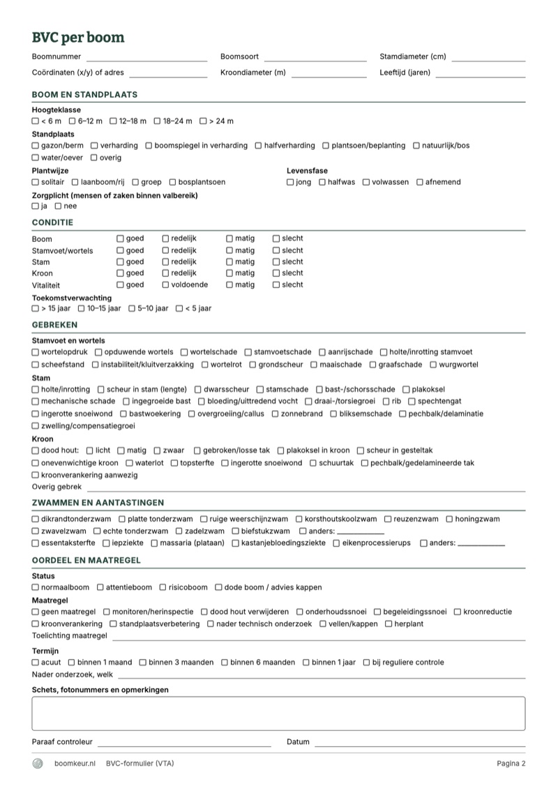 BVC-formulier per boom, VTA-methode