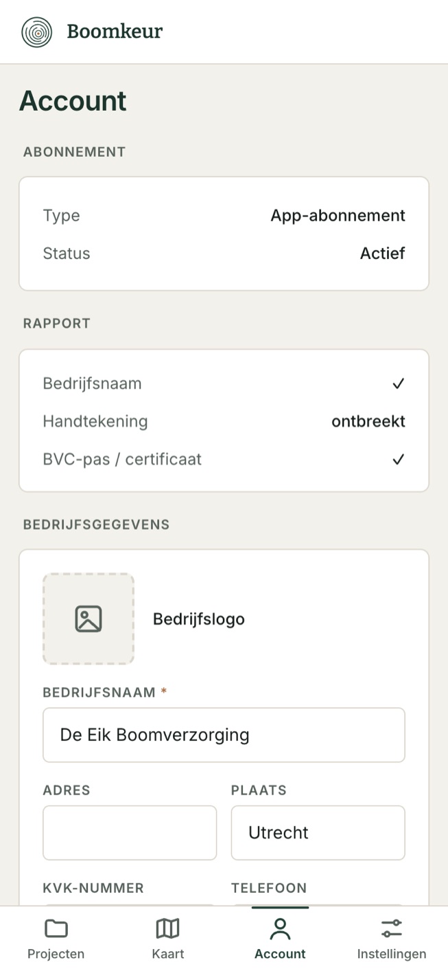 Het bedrijfsprofiel met logo, naam en gegevens voor op de rapporten