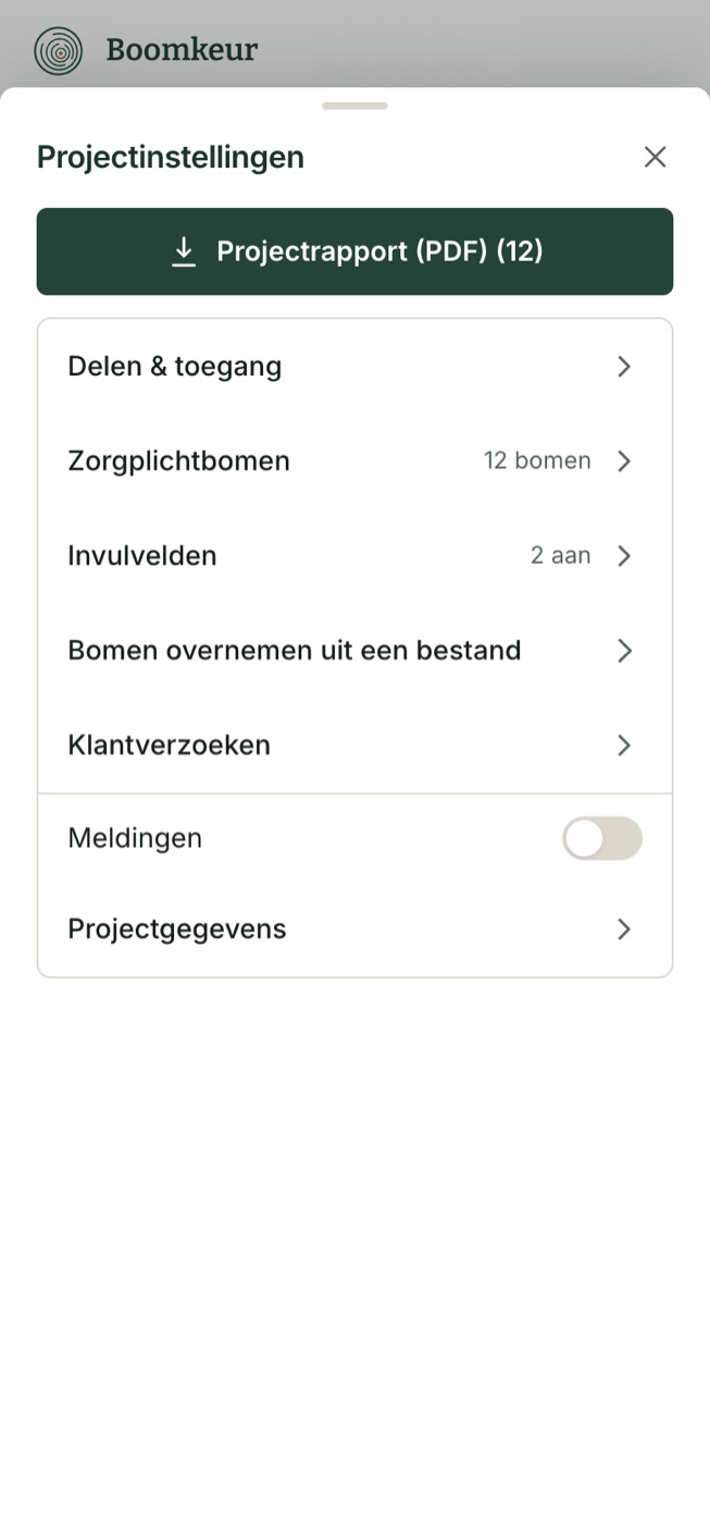 Het instellingenmenu van een project met negen korte regels