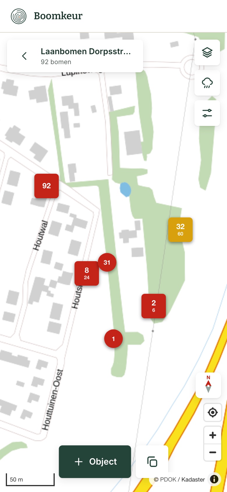 De projectkaart in Boomkeur met solitaire bomen als rondje en groepen, rijen, lanen en een bosperceel als vierkant