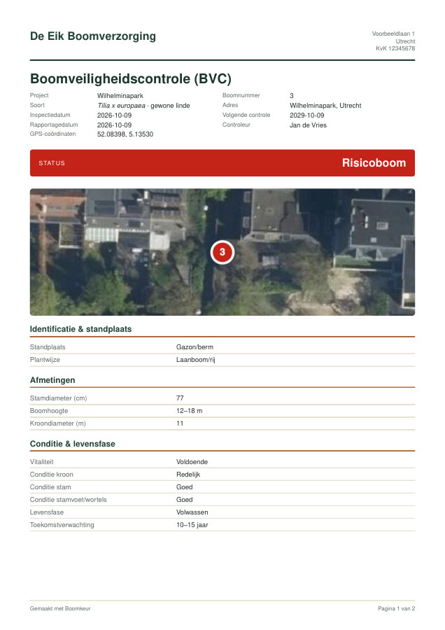 Eerste pagina van een BVC-rapport uit Boomkeur: gegevens van de boomverzorger, de boom, de status Risicoboom en de boom op de luchtfoto